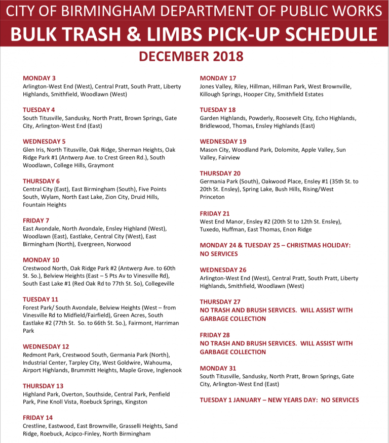 Public Works announces new trash pick-up schedule for December « The Official Website for the