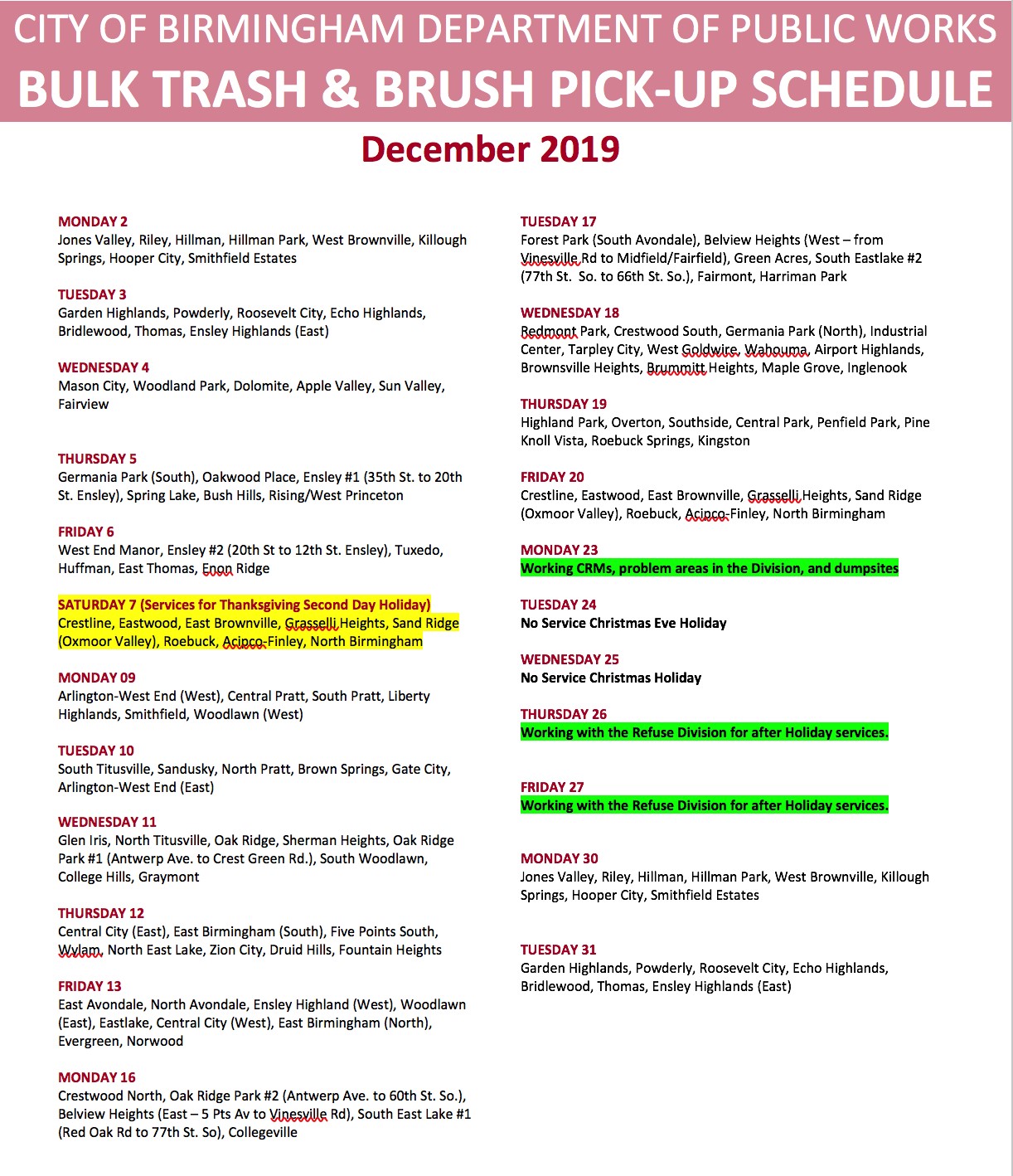 December Bulk Trash Brush Schedule « The Official Website for the City