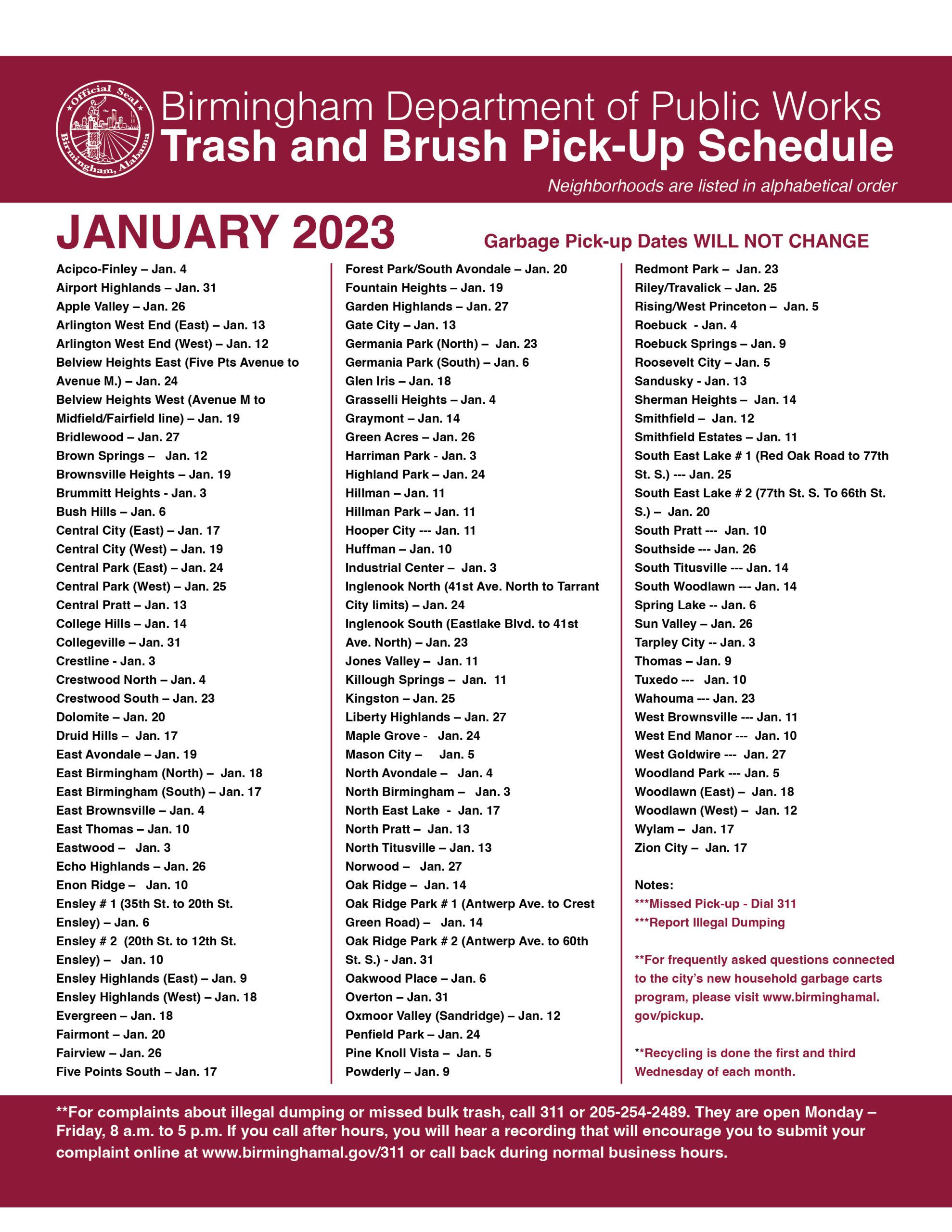 Department of Public Works – Bulk Trash Schedule « The Official Website for the City of