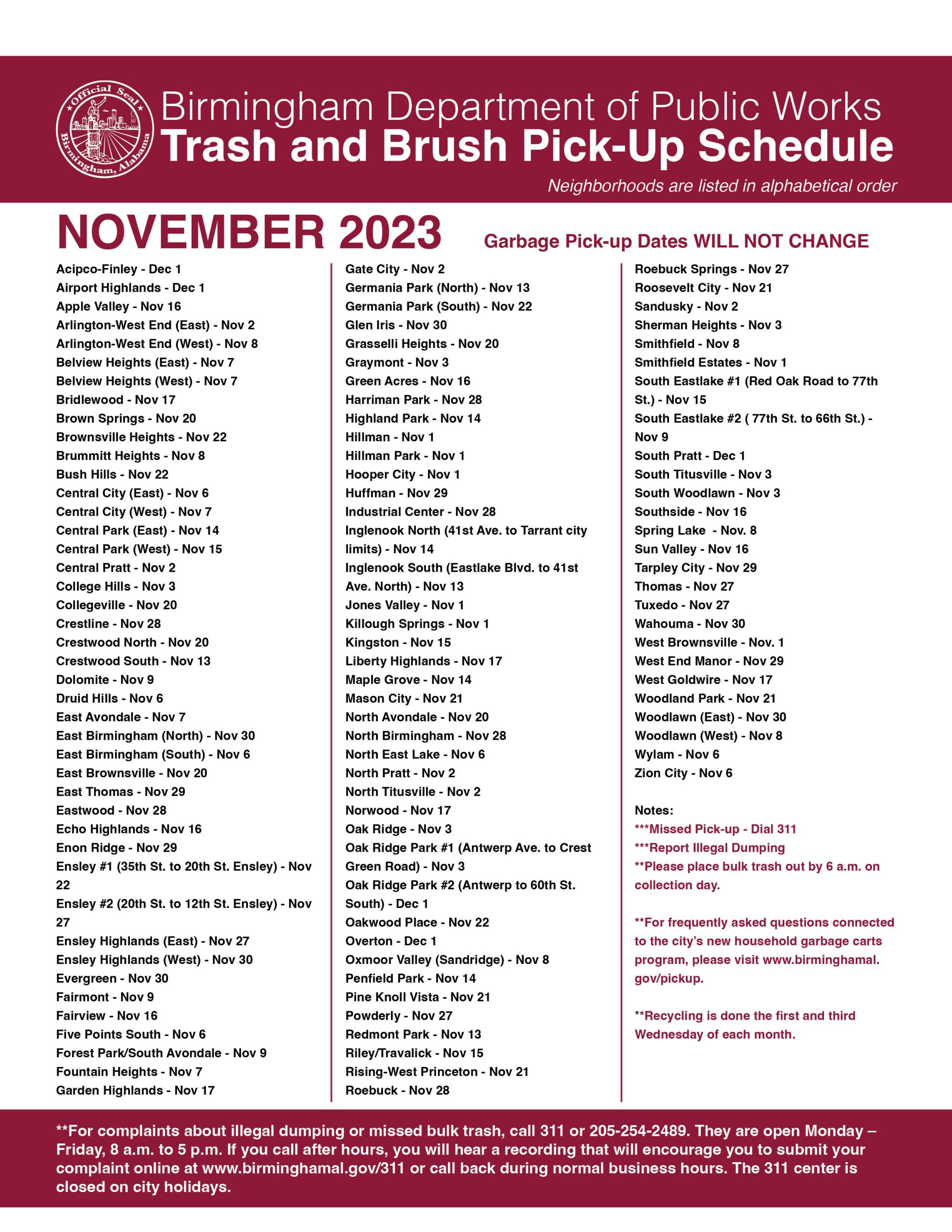 Trash Pick Up calendar Nov20232 The Official Website for the City of