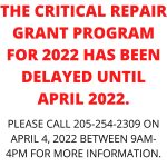 DUE TO COVID-19 THE CRITICAL REPAIR GRANT PROGRAM FOR 2022 HAS BEEN DELAYED UNTIL APRIL 2022_